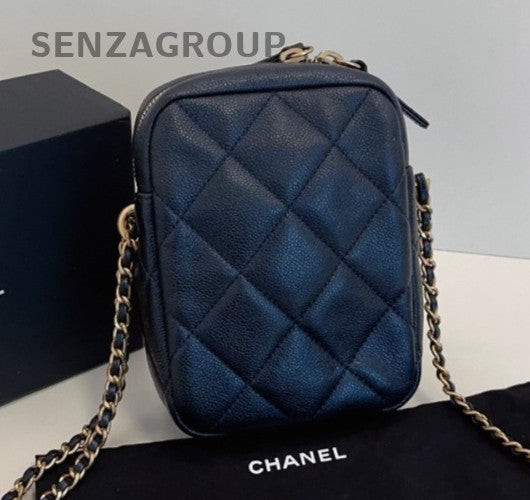 Chanel Diamond Calfskin Chain Crossbody Shoulder Bag Black Gold Women Classic