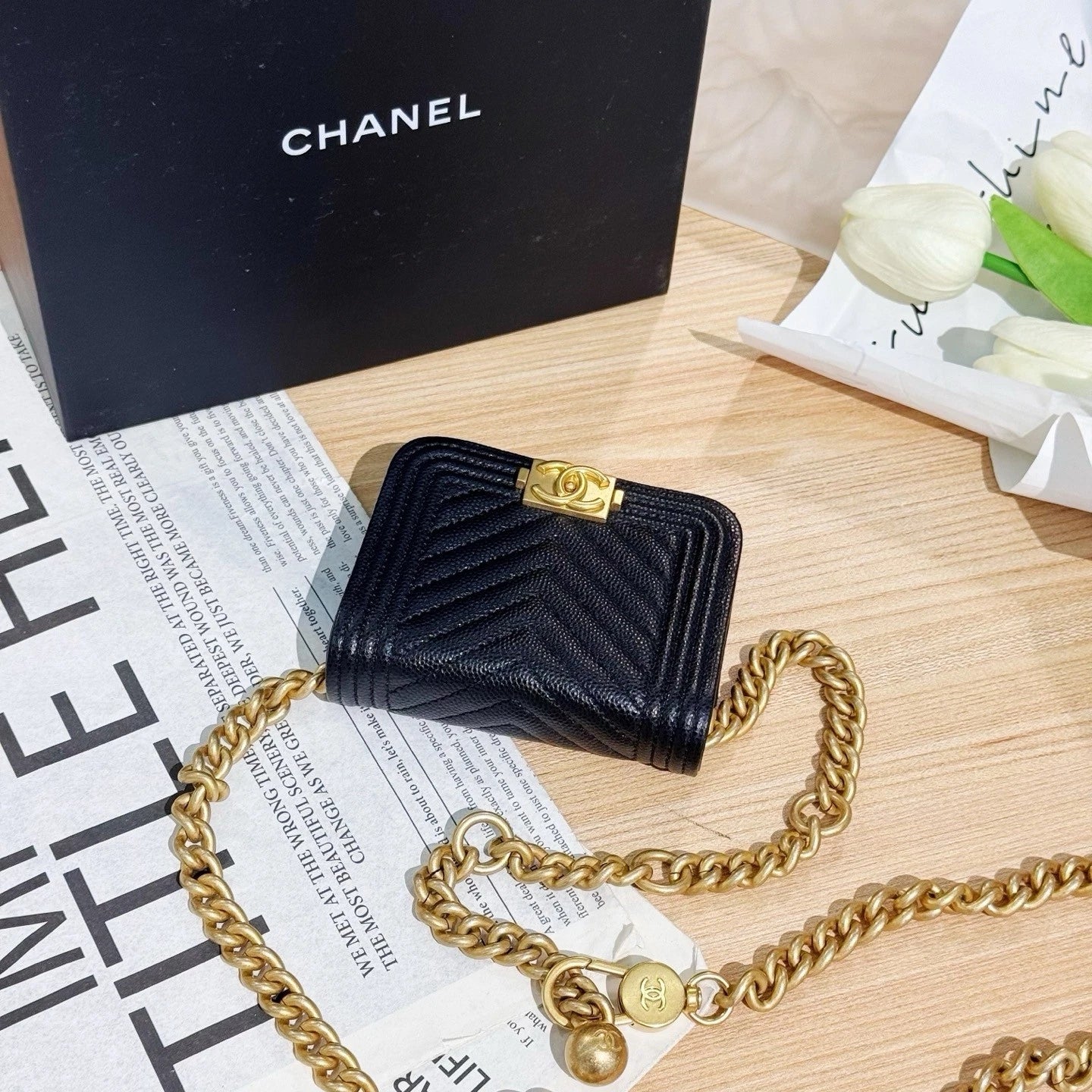 CHANEL Mini LeBoy Black Gold Leather Waist Bag For Women