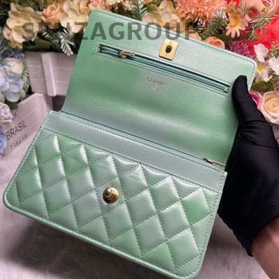 CHANEL 23P Rainbow Handle Green Lambskin WOC Chain Shoulder Bag