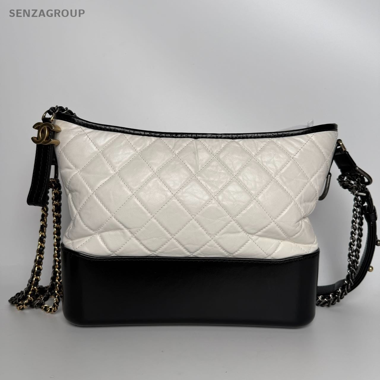 SJ0001 Chanel Gabrielle Medium Hobo Bag in Black & White Quilted Lambskin