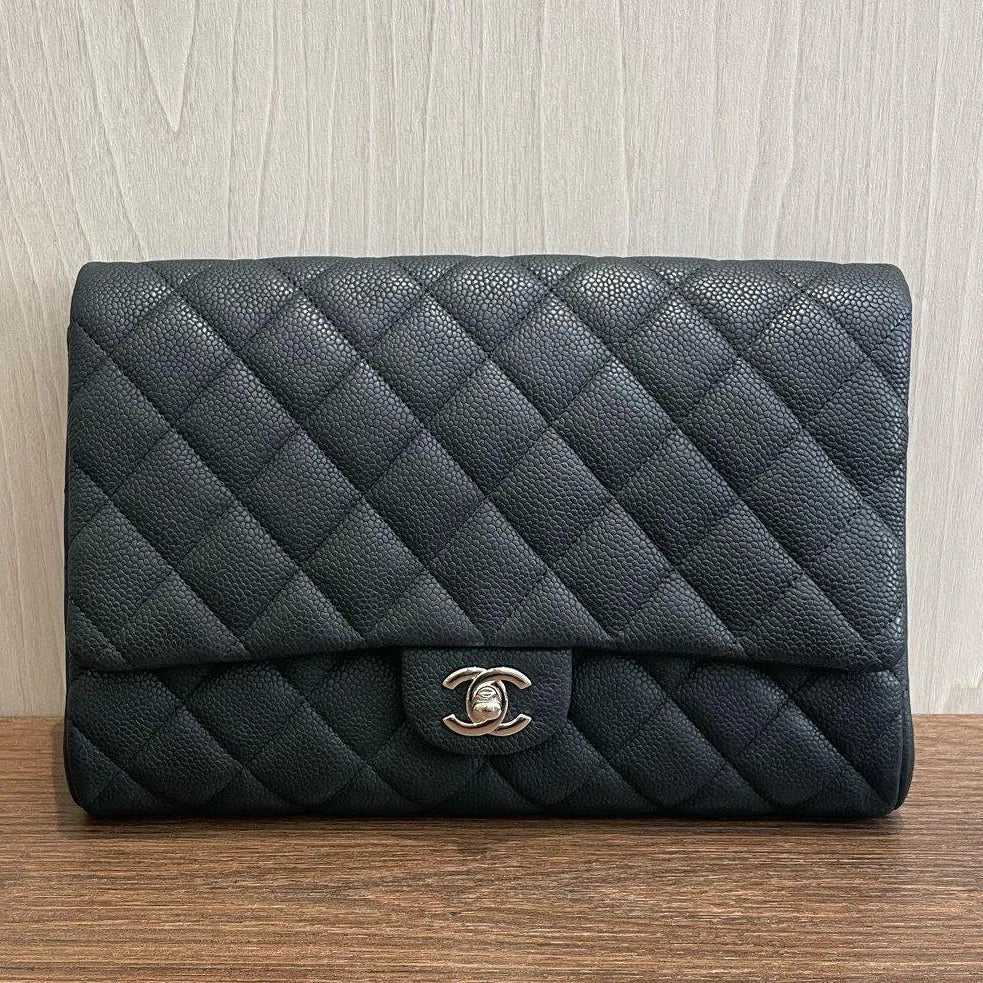 Authentic Chanel Timeless Black Chain Shoulder Bag Diamond Silver Hardware