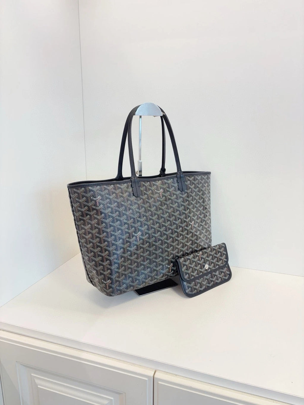 Goyard Saint Louis PM Tote Bag Black Coated Canvas Leather Trim Pouch Included