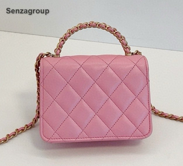 Chanel Kelly Mini Chain Top Handle Crossbody Pink Gold Diamond Women Classic