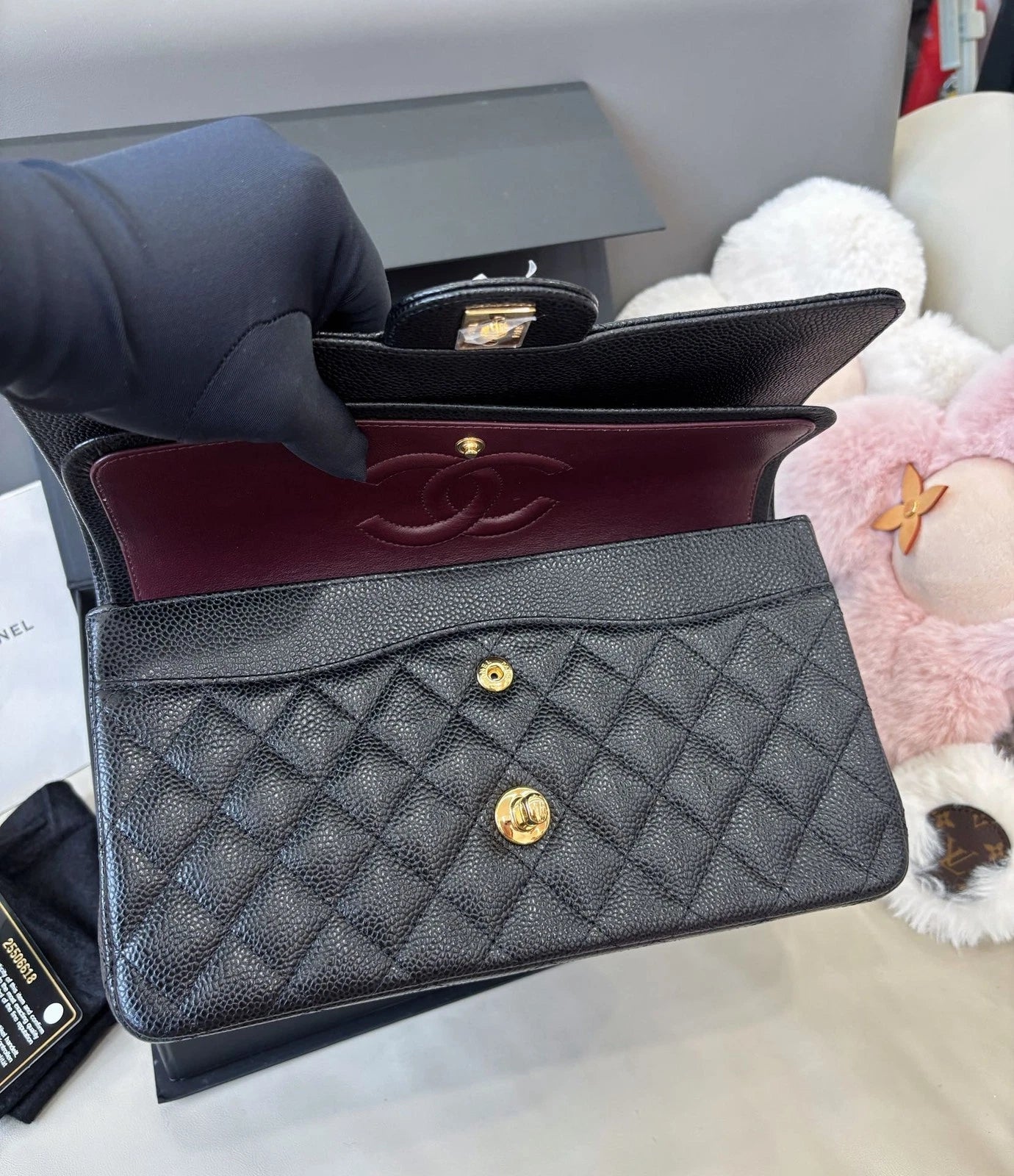 Chanel Classic Flap MM Calfskin Chain Shoulder Crossbody Black Gold Women