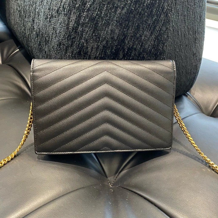Saint Laurent Envelope PM Chain Shoulder Bag Crossbody Black Gold Women D