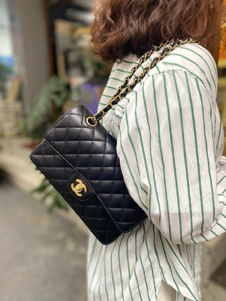 CHANEL Small Double Flap Black Caviar Leather Shoulder Bag For Women