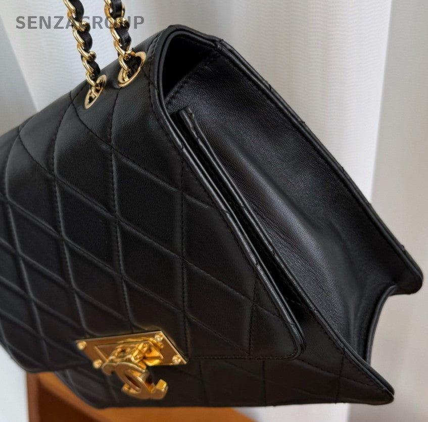 Chanel Classic Flap Chain Diamond Black Gold Shoulder Bag Used Women Designer