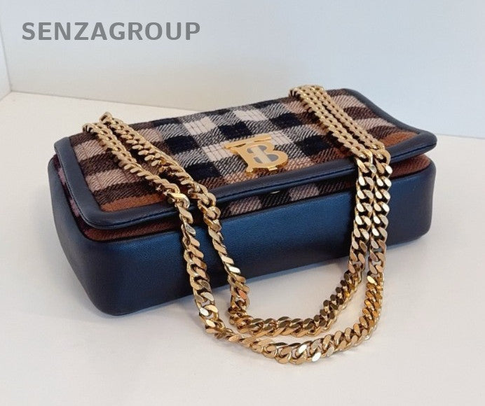 Burberry Lola British check pattern Chain Shoulder bag Women Brown Gold