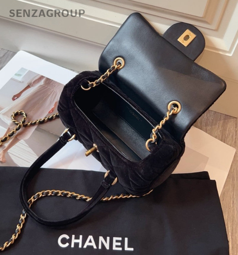CHANEL CC Logo 25C Velvet Top Handle 2way Shoulder Handbag Black Gold Women