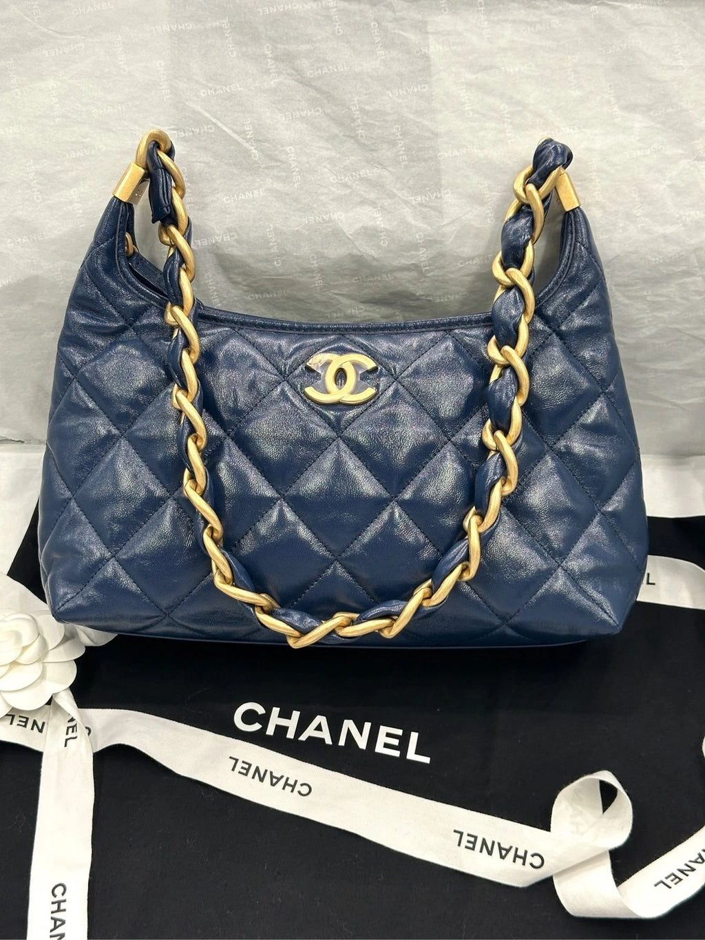 CHANEL Medium Navy Lambskin Hobo Shoulder Bag For Women