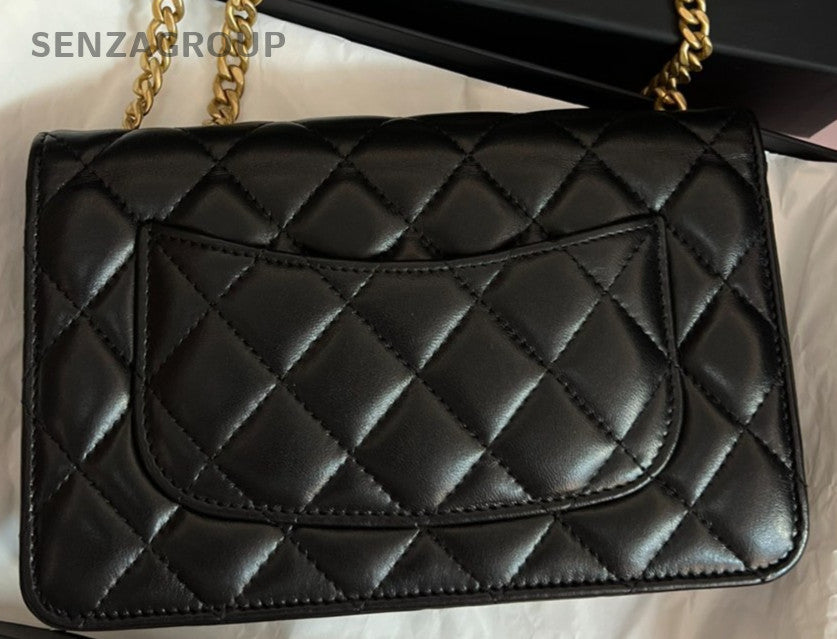 Chanel WOC Chain Shoulder Bag Crossbody Black Gold Used Women Classic