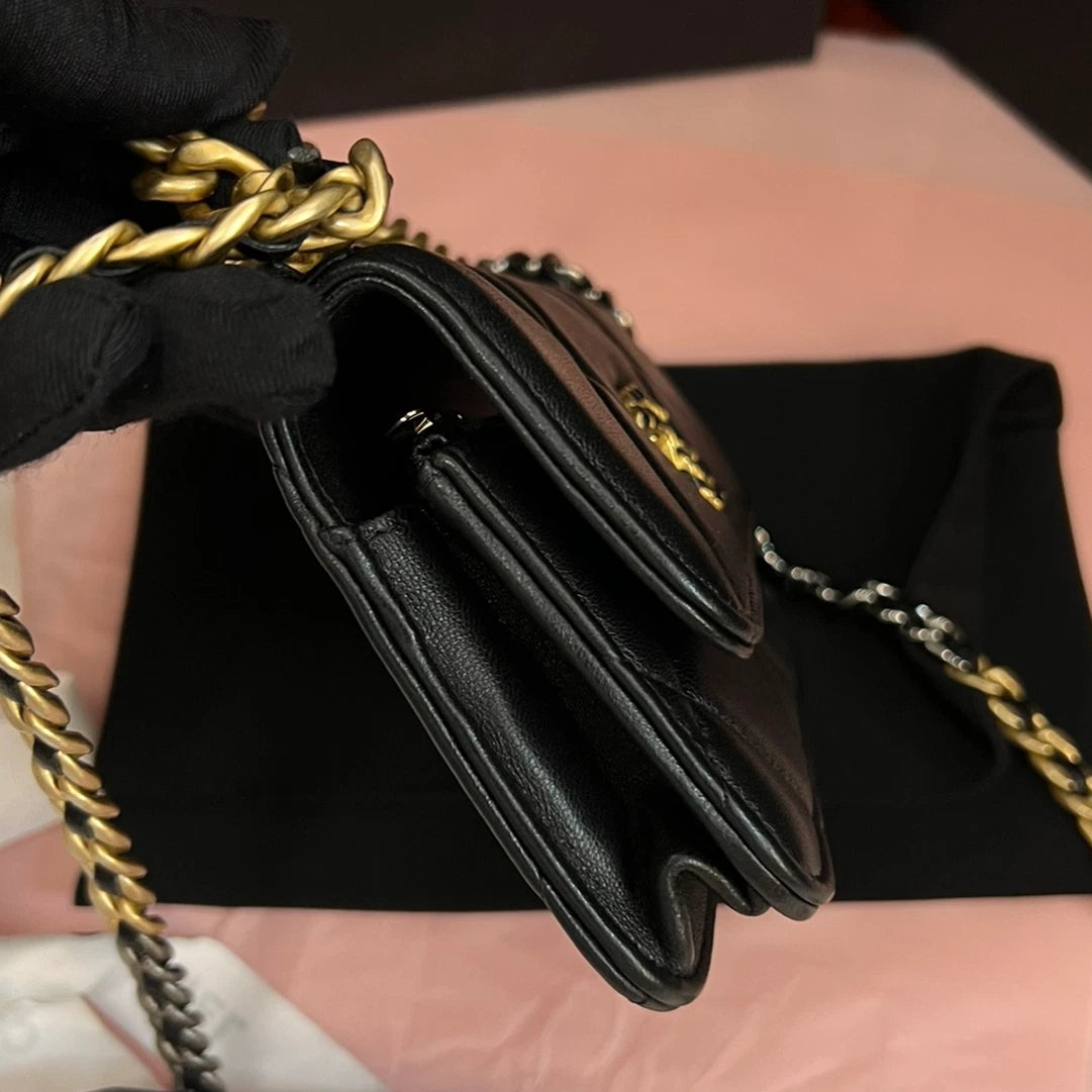 Chanel 19Bag WOC Lambskin Mini Chain Top Handle Crossbody Black Gold Women