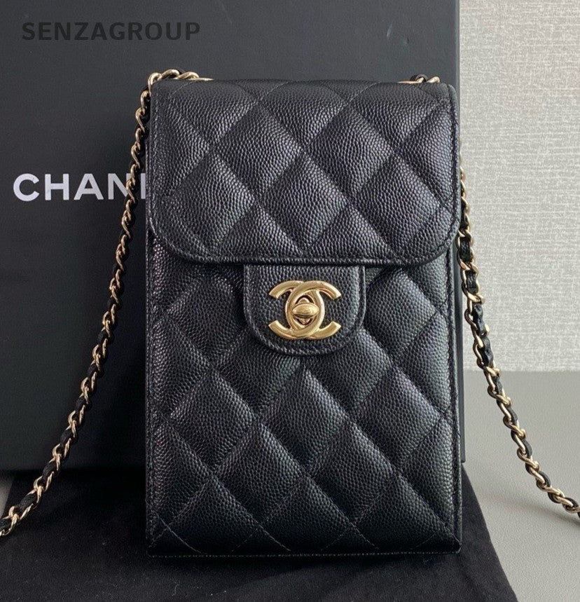 Chanel Diamond Chain Shoulder Bag Crossbody Black Gold Women Classic