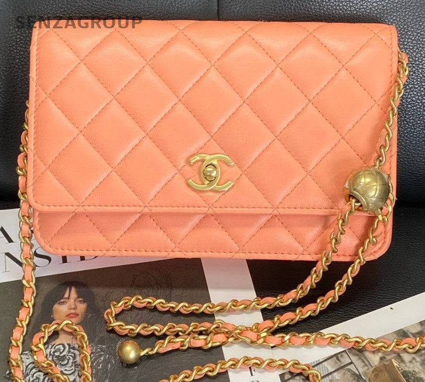 CHANEL WOC Diamon Pattern Chain Shoulder Bag Crossbody Orange Gold Women Classic