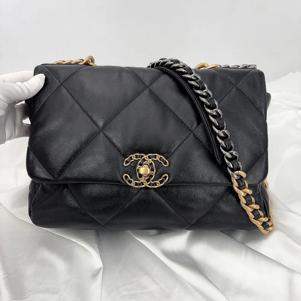 CHANEL 19 Medium Black Gold Lambskin Shoulder Bag for Women