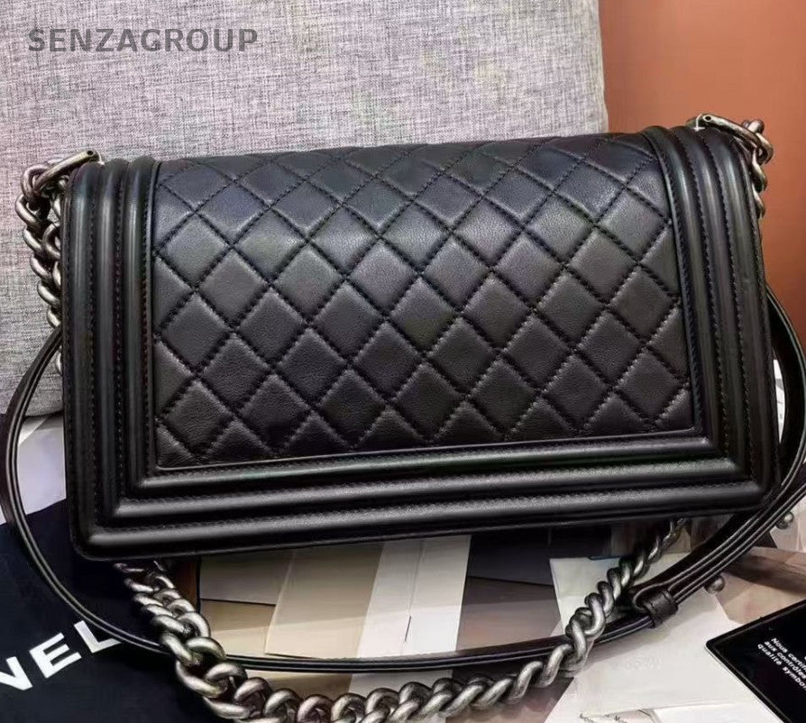 Chanel Leboy MM Calfskin Chain Crossbody Shoulder Bag Women Black Silver Diamond