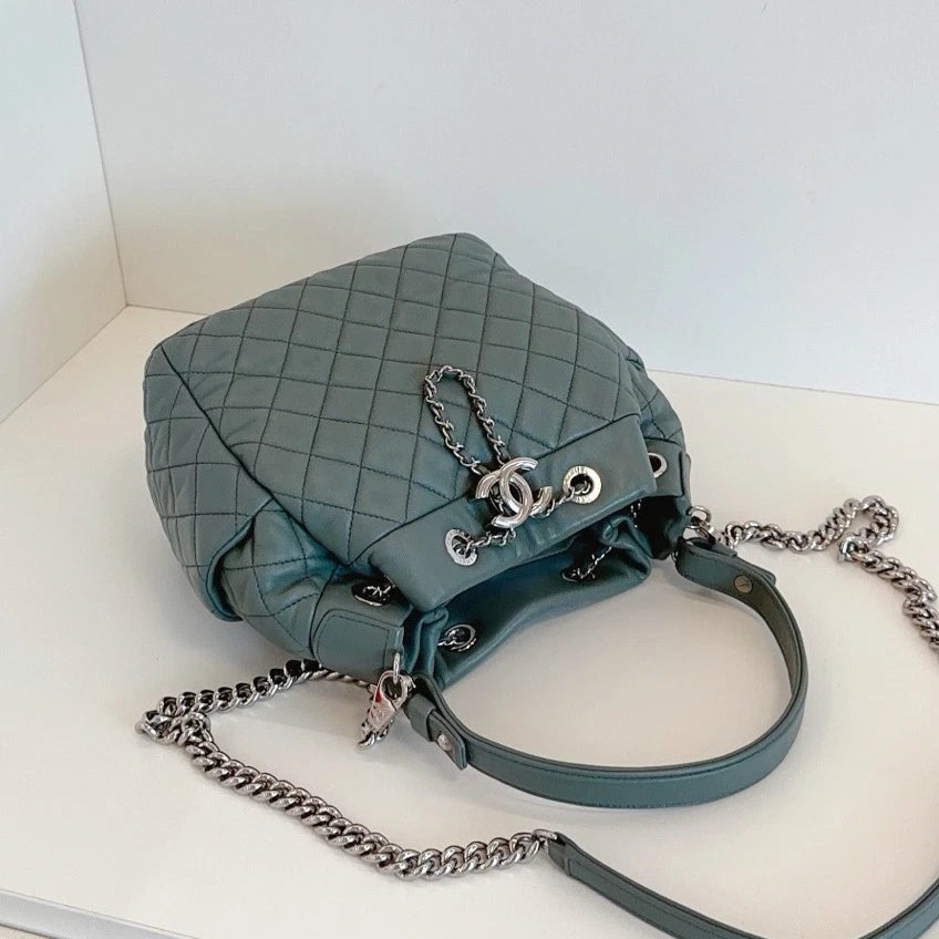 Chanel Diamond Drawstring Bucket Top Handle Shoulder Bag Green Silver Women