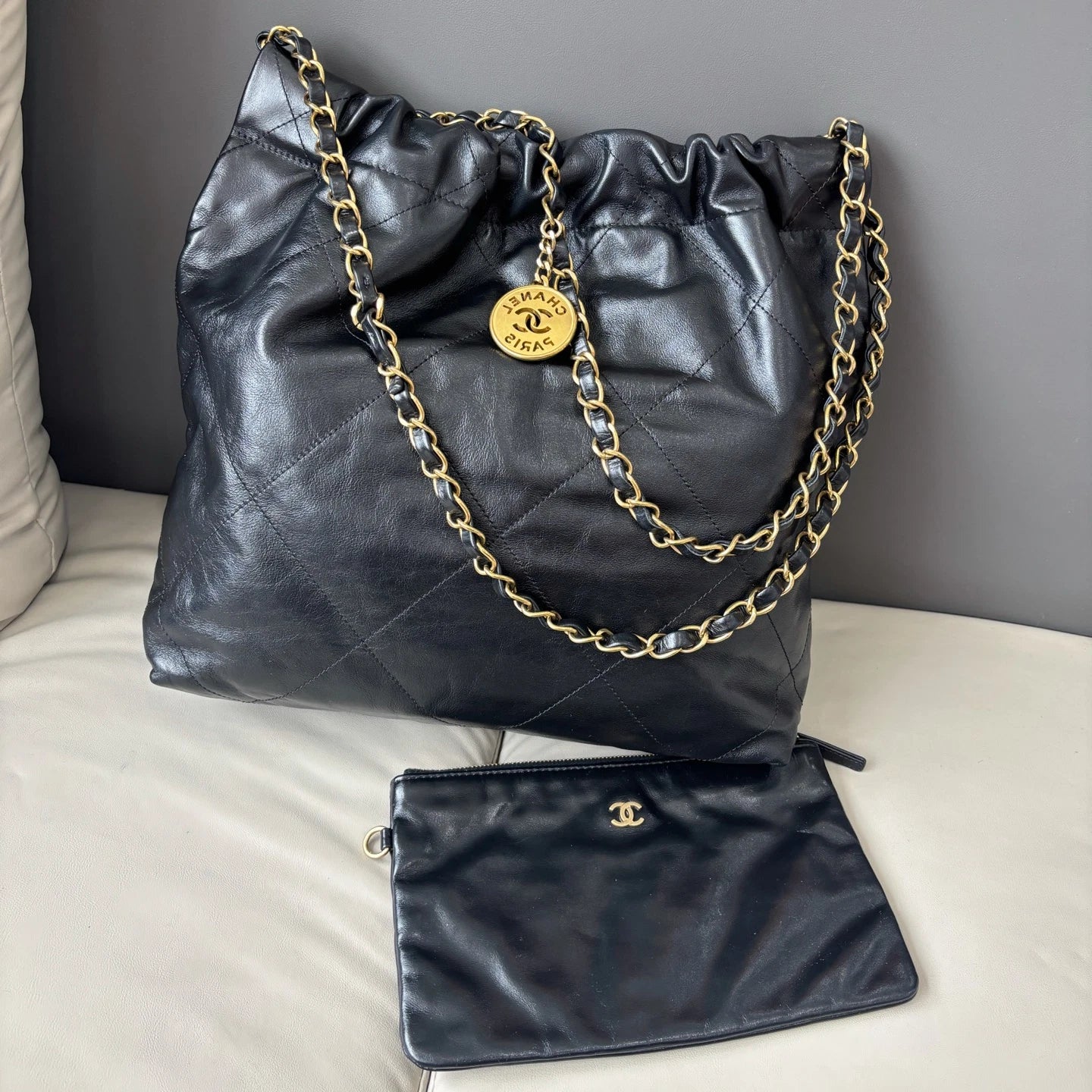 Chanel 22Bag PM Chain Shoulder Bag Crossbody Black Gold Women Classic