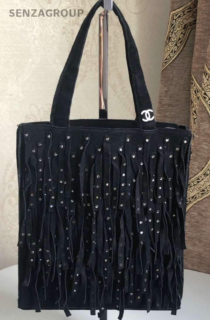 CHANEL mink fringed Handbag Shoulder Women Black Bag