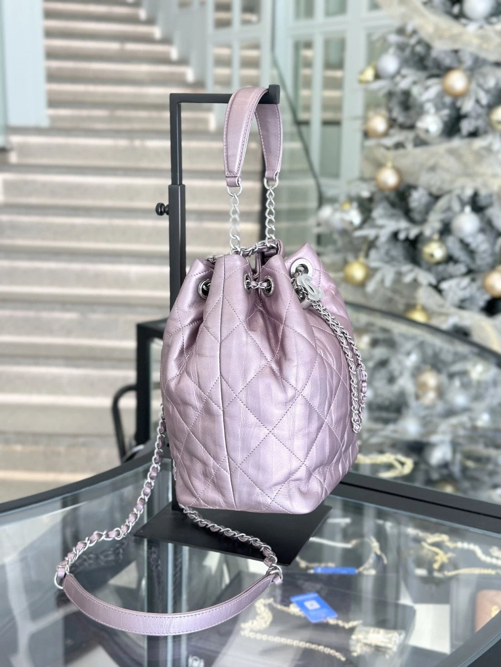 Chanel Calfskin Bucket Chain Shoulder Crossbody Bag Purple Silver Women S