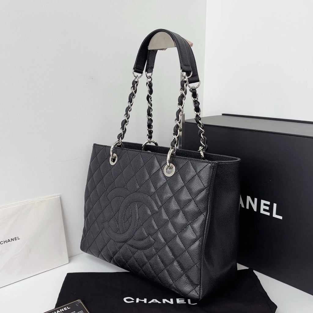 Excellent Chanel GST Calfskin Black Tote Chain Handbag Shoulder Bag CC Logo SHW