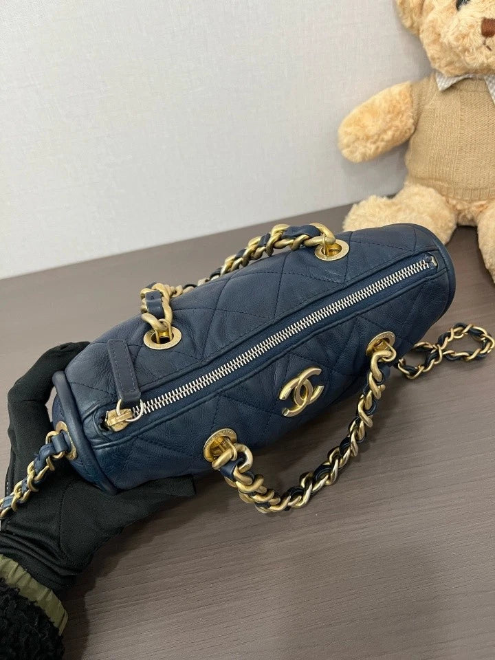 CHANEL 21B Blue Bowling Boston Handbag Shoulder Bag For Women