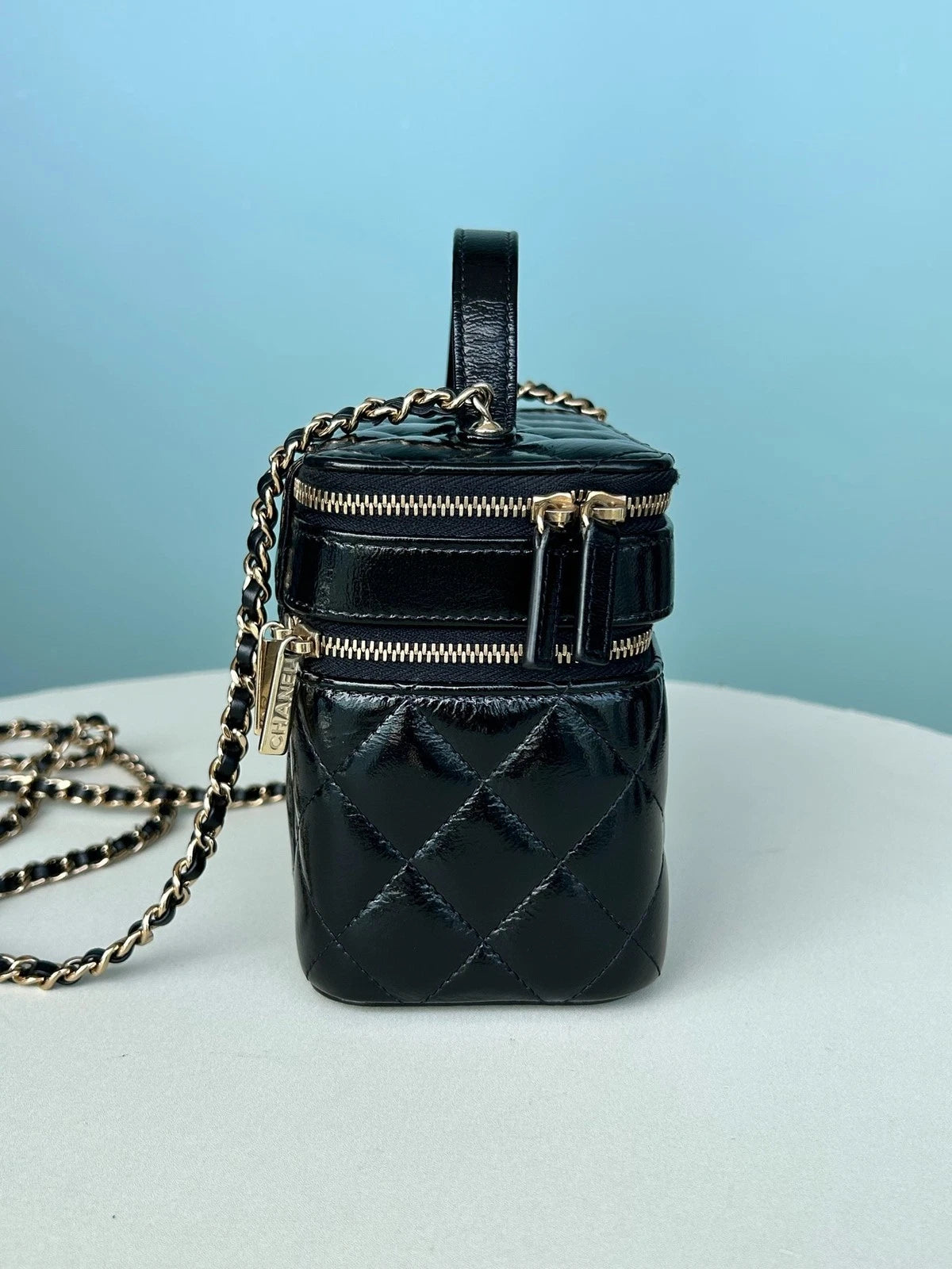 Chanel Diamond Calfskin Chain Top Handle Crossbody Black Gold Women Classic