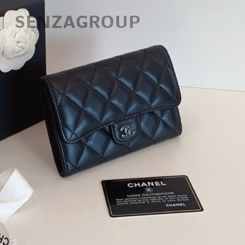 Chanel Diamond Wallet Clutch Black Silver Used Women Classic
