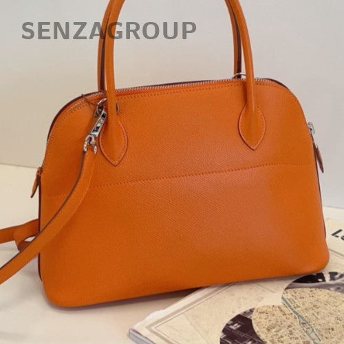 Hermes Bolide Epsom Leather Top Handle Bag Crossbody Orange Silver Women Classic