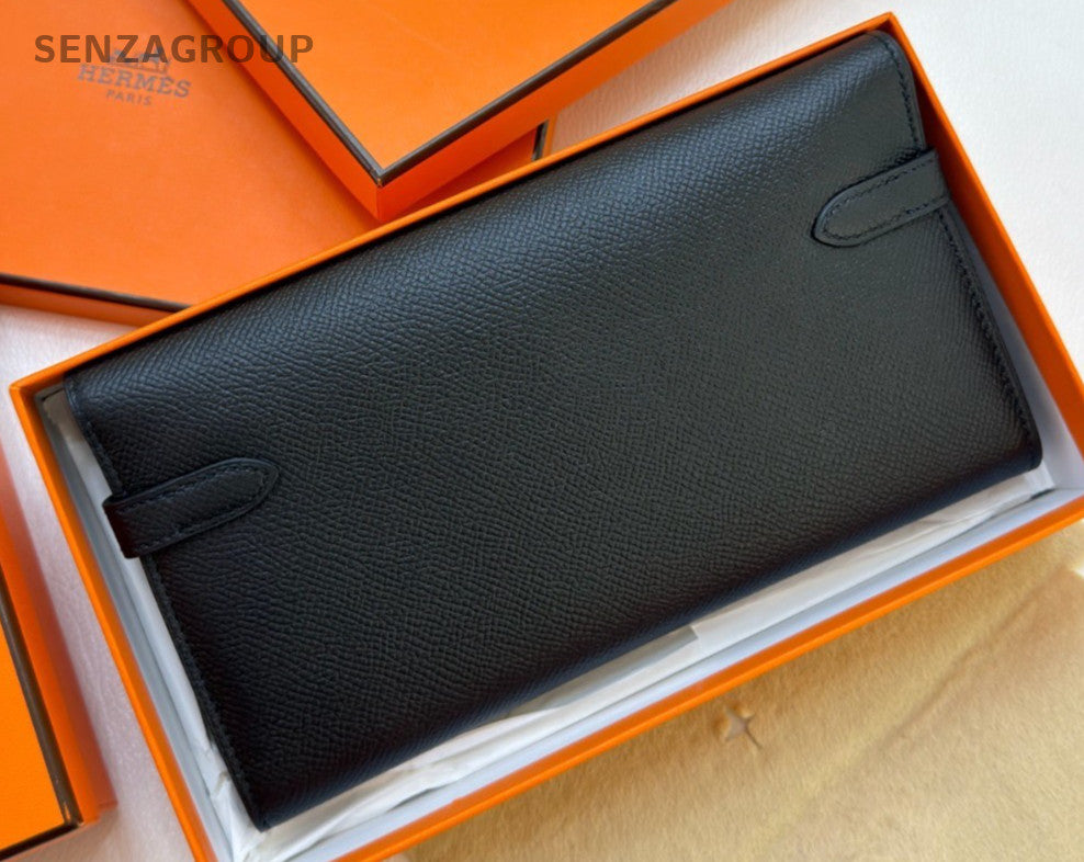 Hermes Kelly Wallet Clutch Black Silver Used Women Classic