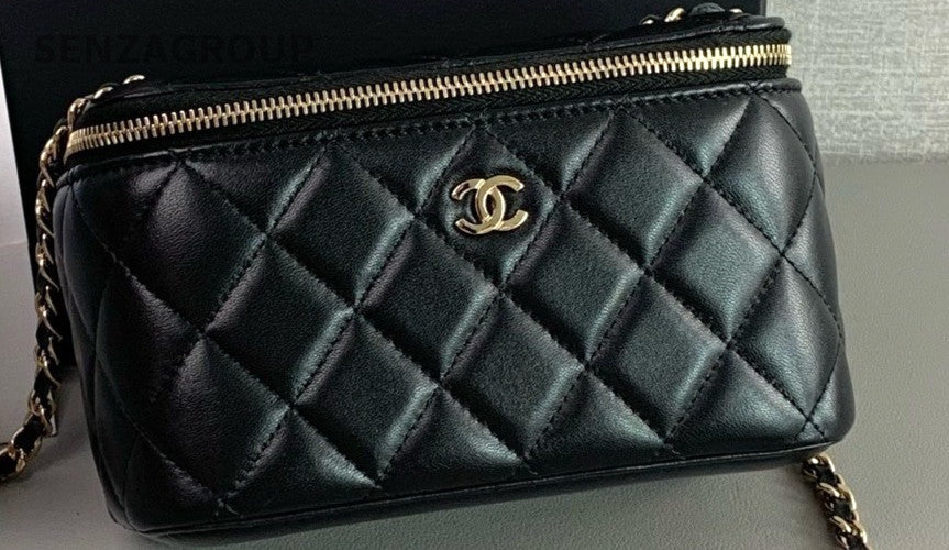Chanel Quilted Lambskin Long Cosmetic Case Shoulder Crossbody Bag Black Women