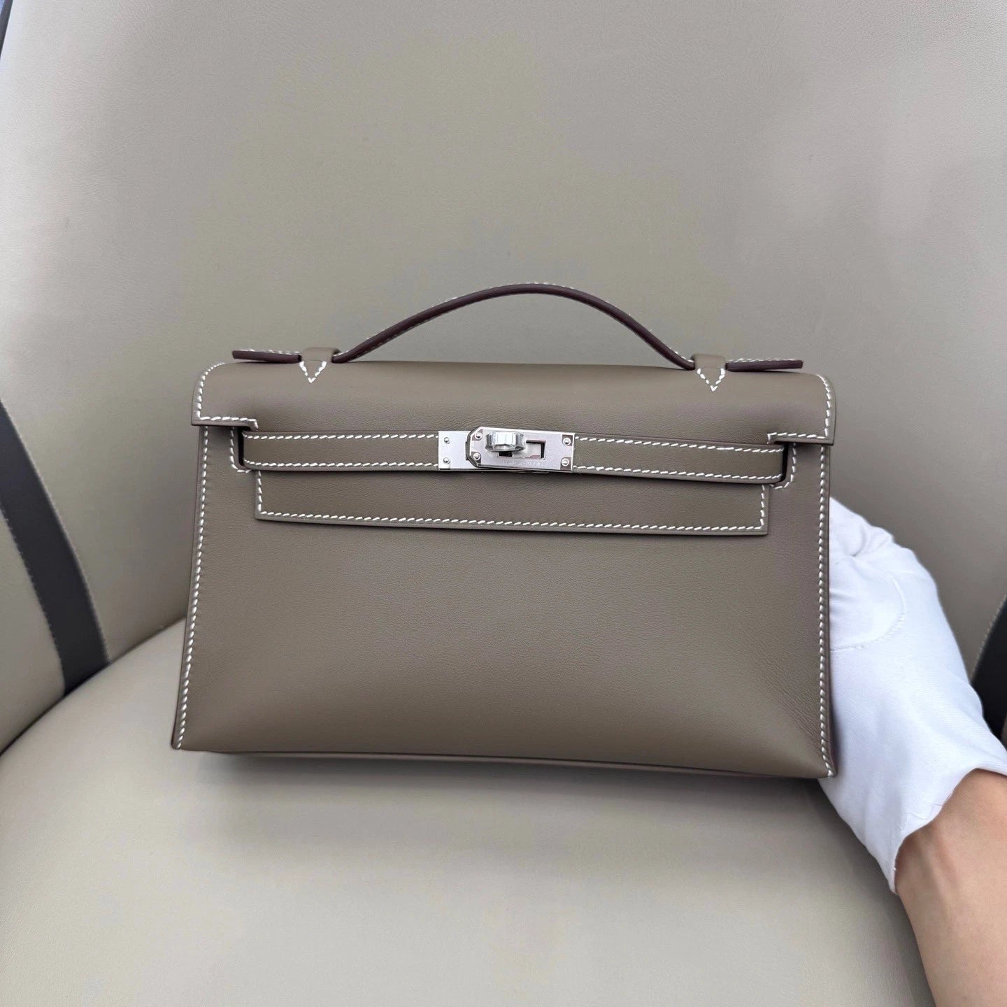 Hermes Minikelly Swift Leather Gray Silver Hardware Handbag For Women