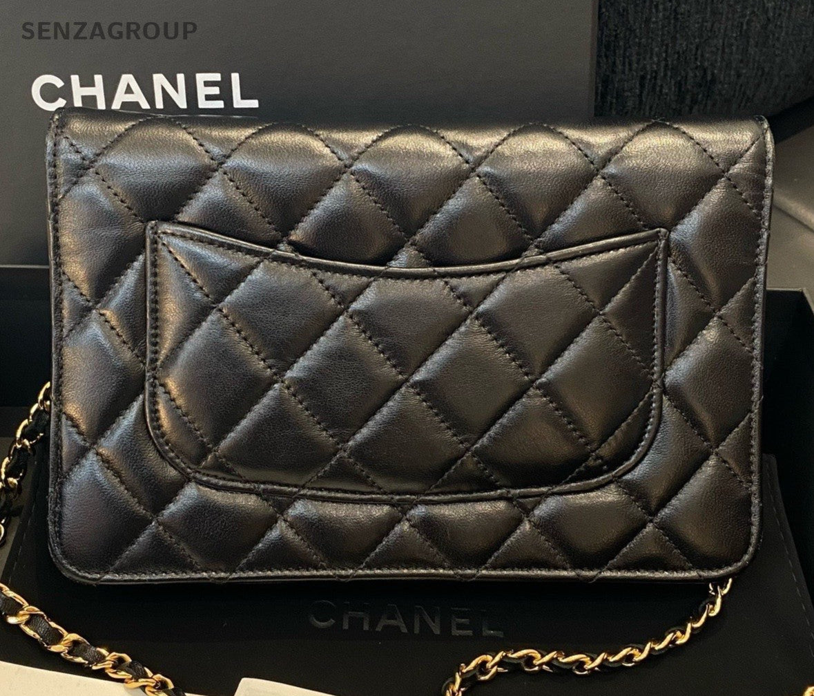 Chanel WOC Chain Diamond Shoulder Bag Crossbody Black Gold Women Classic