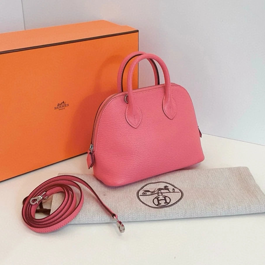 Hermes Bolide Mini Lambskin Top Handle Crossbody Pink Silver Women Classic