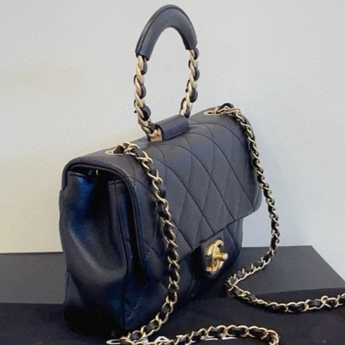 Chanel Diamon Chain Shoulder Bag Crossbody Black Gold Used Women Classic