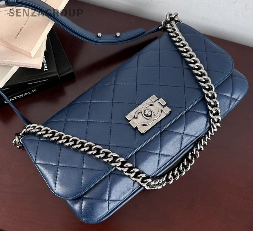 CHANEL Leboy Calfskin Chain Shoulder bag Crossbody Women Blue Silver