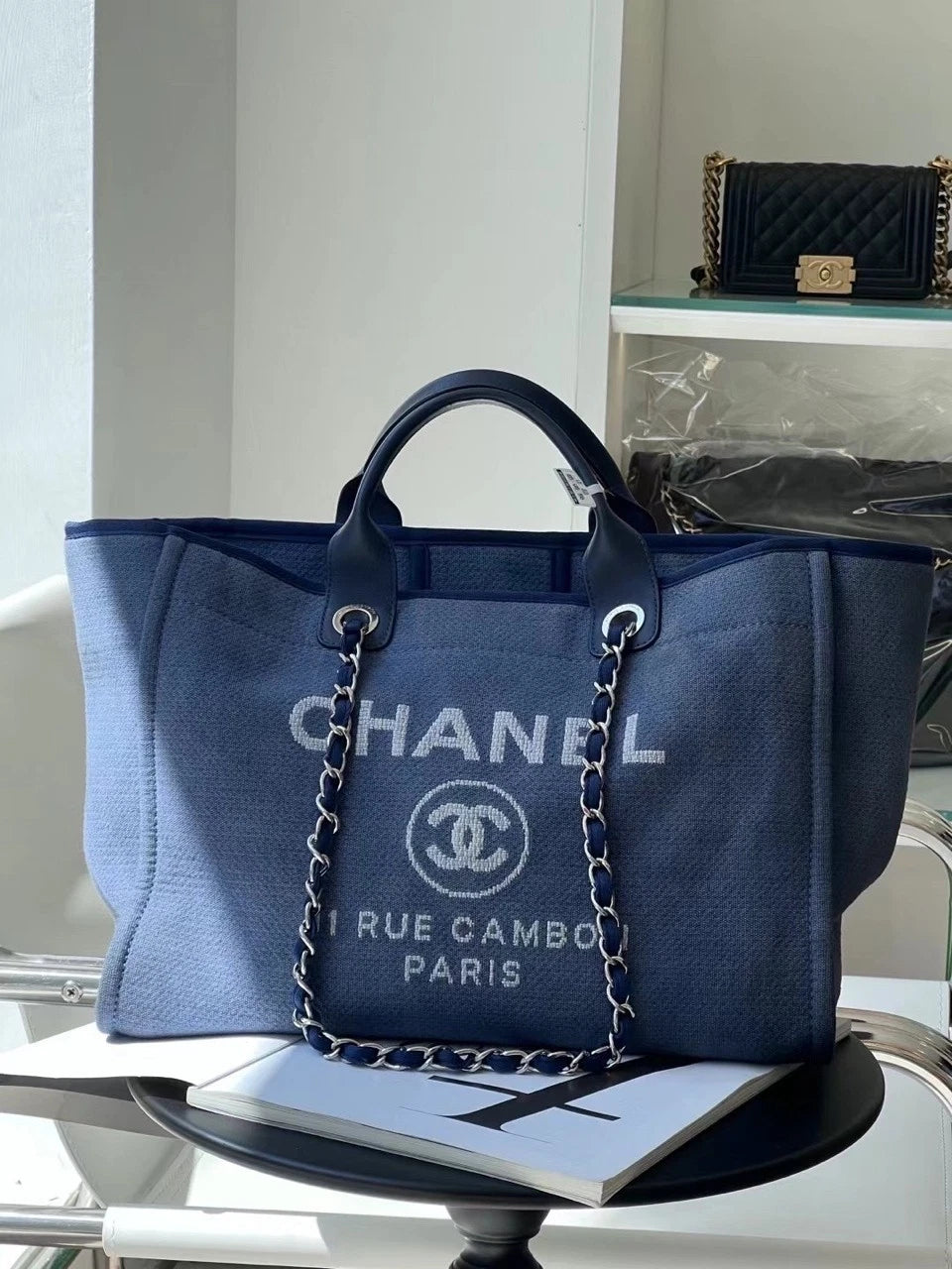 CHANEL Large Blue Beach Tote Bag For Women Travel Commute