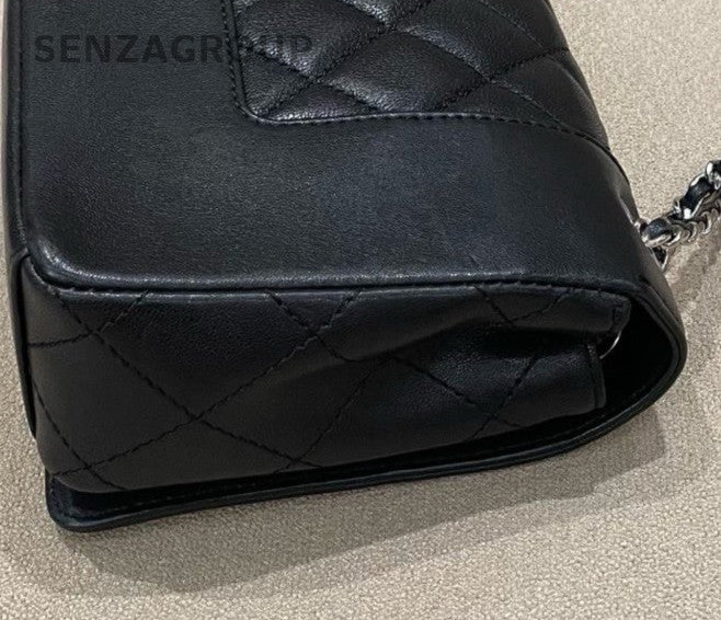 Chanel Classic Flap PM Chain Shoulder Bag Black Silver Women Diamond Pattern