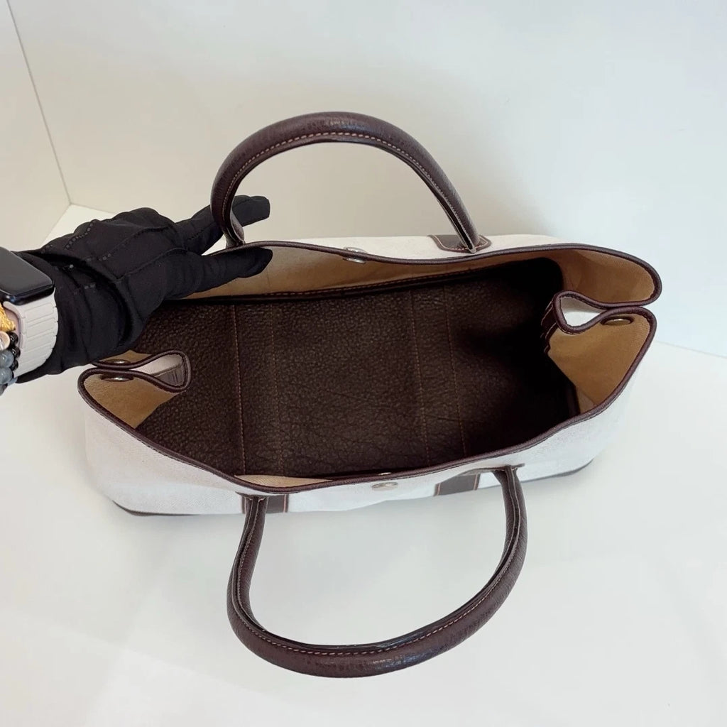 Hermes Garden Party36 Canvas Top Handle Bag White Brown Silver Women Classic