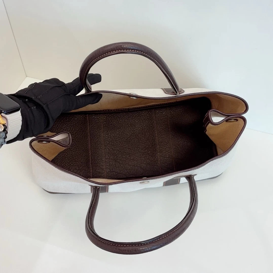 Hermes Garden Party36 Canvas Top Handle Bag White Brown Silver Women Classic