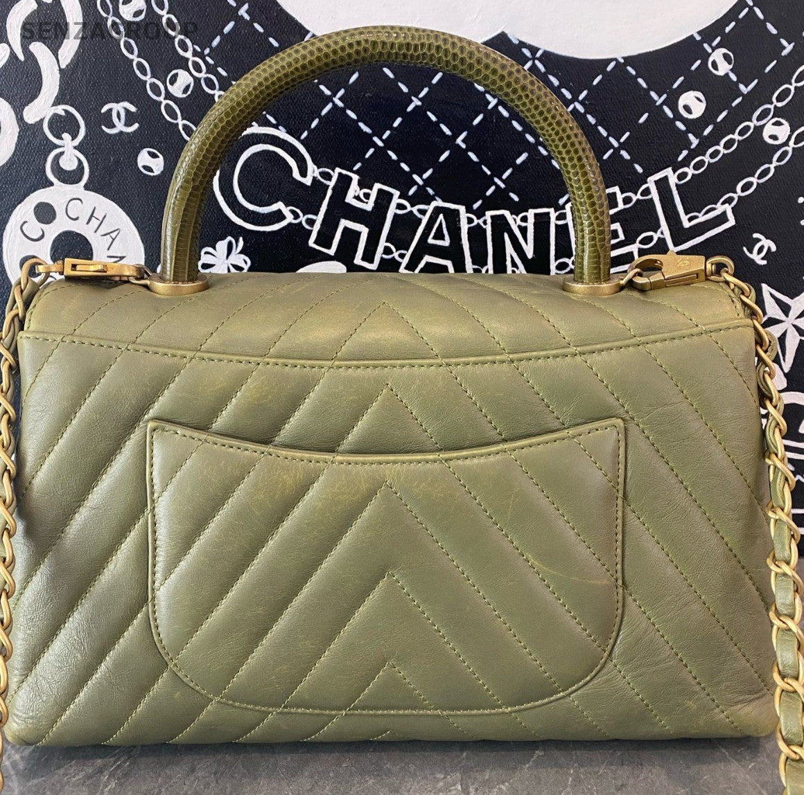 Chanel Cocohandle MM Top Handle Bag Chain Crossbody Green Gold Women Classic