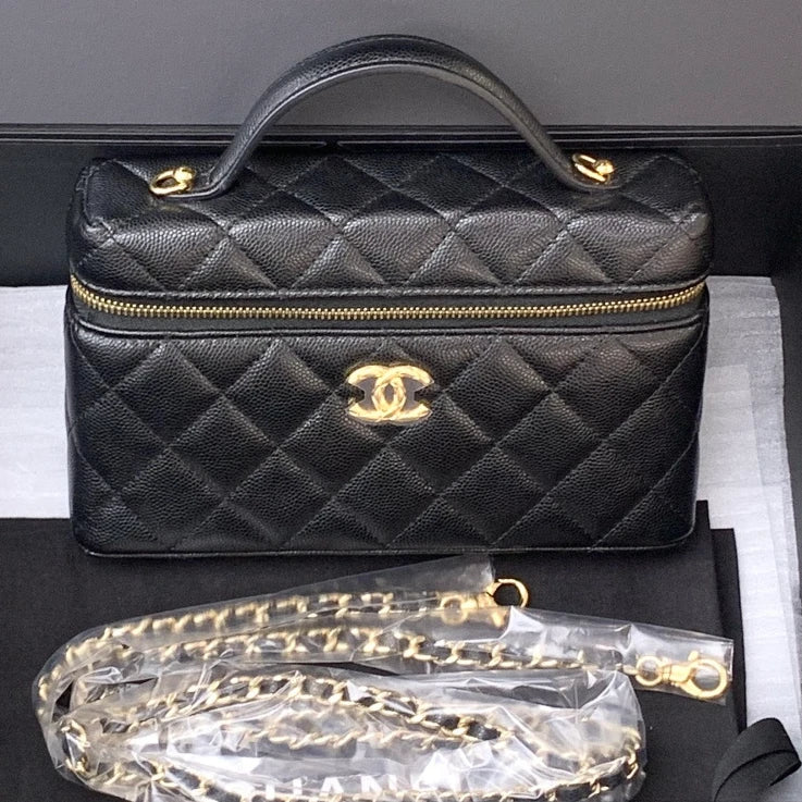 Chanel Vanity Case Calfskin Chain Top Handle Crossbody Bag Black Women S