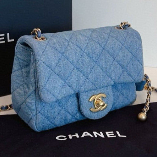 Chanel Diamond Chain Denim Shoulder Bag Crossbody Blue Gold Women Classic