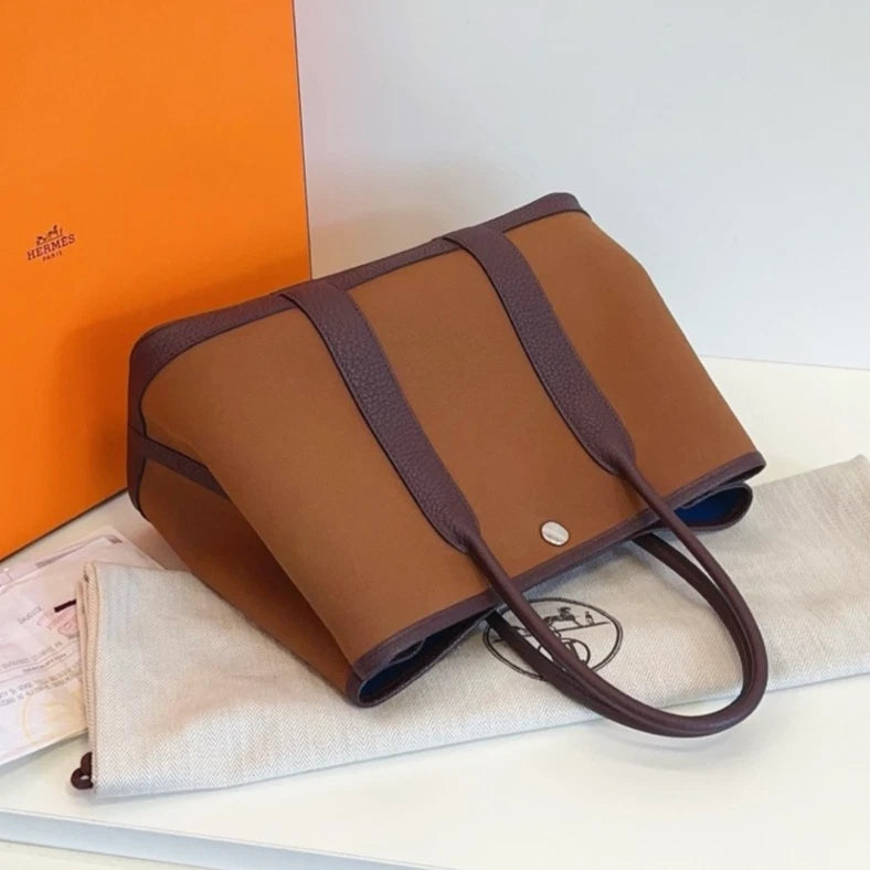 Hermes Garden Party30 Canvas Top Handle Bag Brown Silver Women Classic