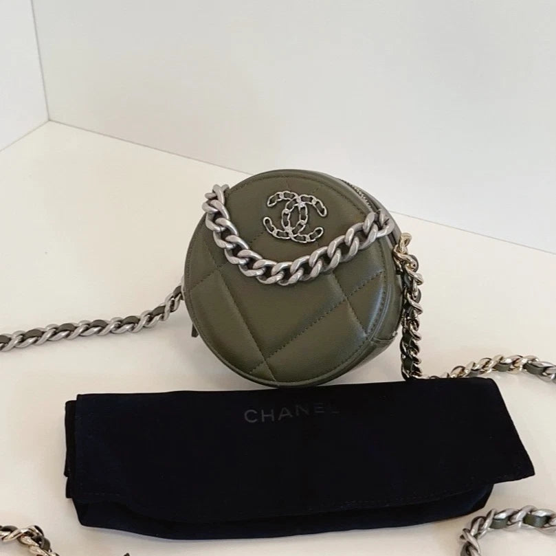 Chanel 19Bag Round Bag Chain Top Handle Shoulder Crossbody Green Gold Women