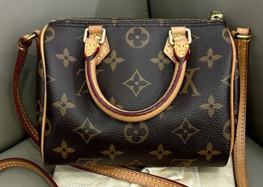 Louis Vuitton Speedy Nano Monogram Shoulder Bag Crossbody Brown Gold Used Women