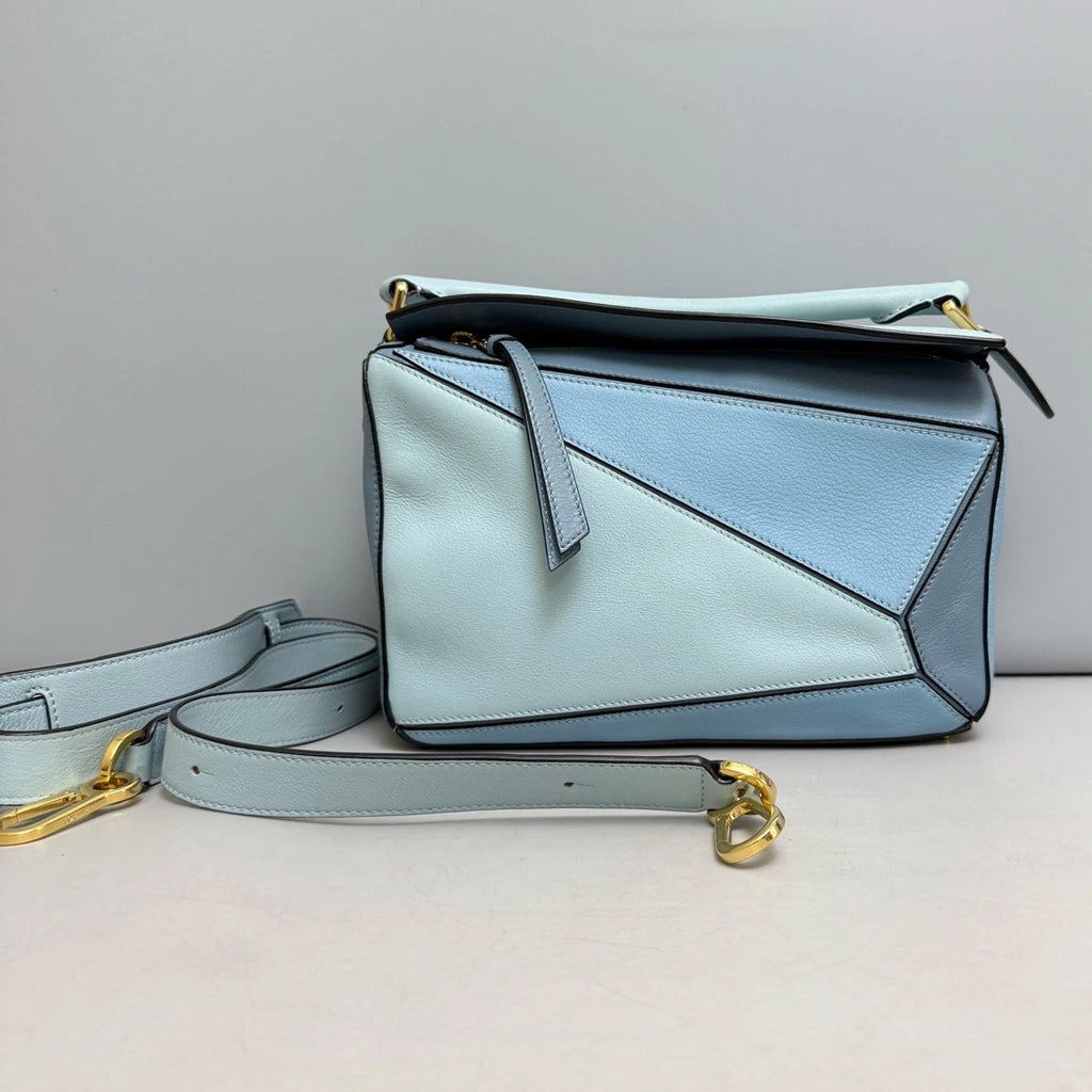 Authentic Loewe Puzzle Calfskin Shoulder Crossbody Bag Blue Gold Hardware
