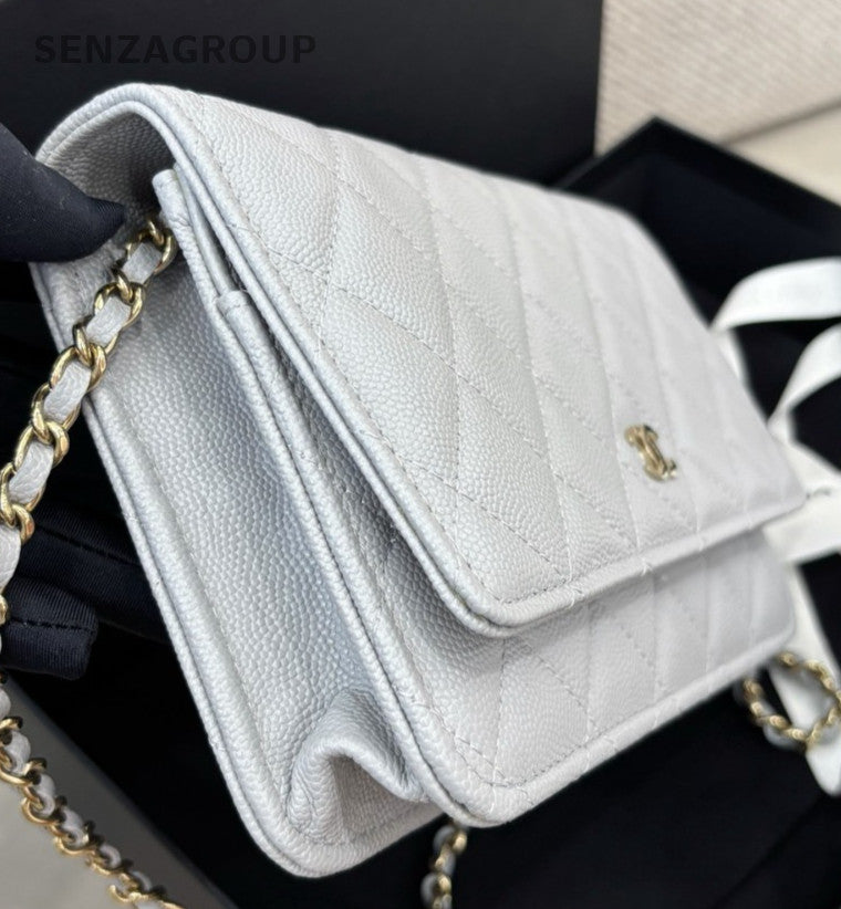 Chanel WOC Chain Shoulder Bag Gray Gold Women Classic Diamond Fashion