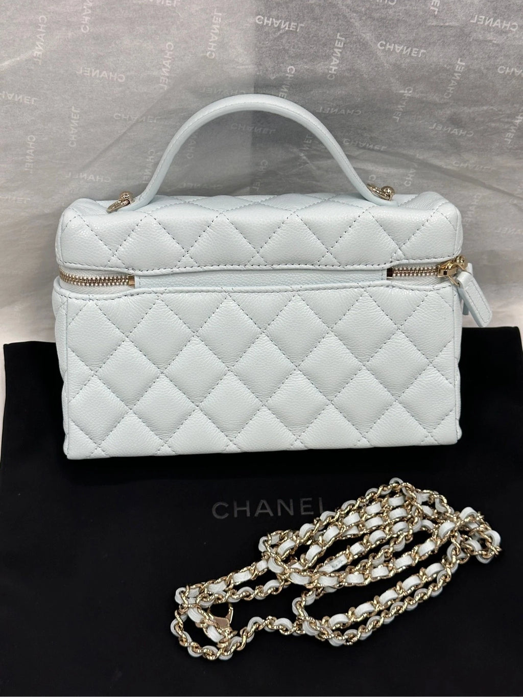 Chanel Light Blue Leather Detachable Gold Chain Lunch Box Bag For Women