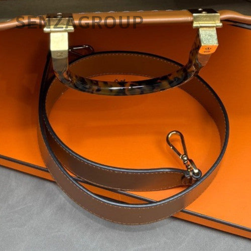 Fendi Calfskin 2Way Top Handle Bag Shoulder Bag Brown Gold Women Classic